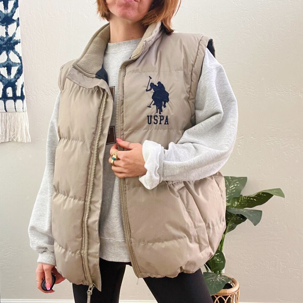 U.S. Polo Association Embroidered Logo Beige Oversized Quilted Puffer Vest